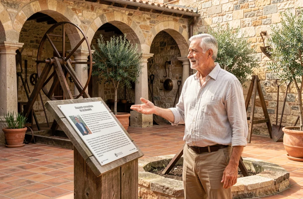 Guide historique expliquant une noria restaurée dans la cour d'un musée patrimonial espagnol