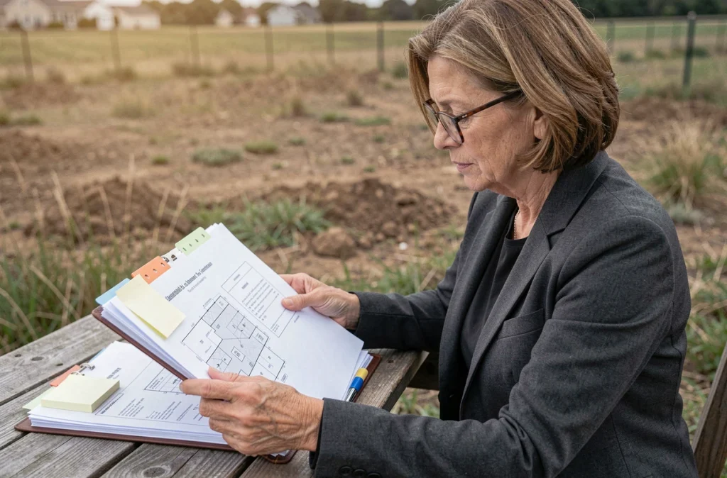 Notaire ou conseillère immobilière analysant un dossier foncier lors d'une visite de terrain