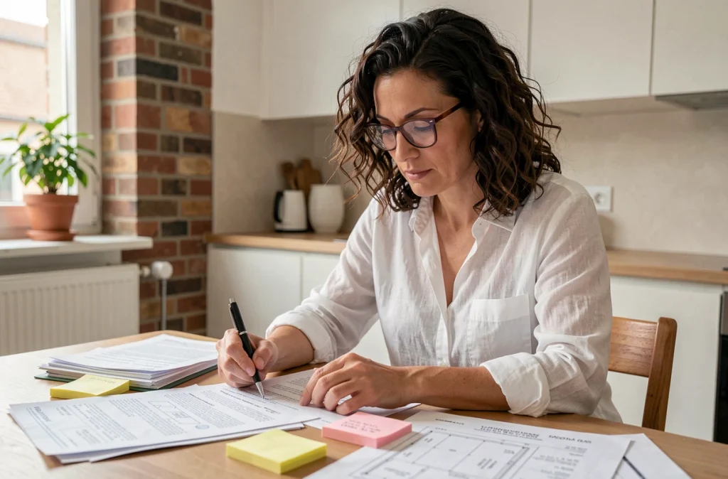 Une femme organise des documents administratifs liés à la vente d'un bien immobilier en indivision dans une cuisine moderne