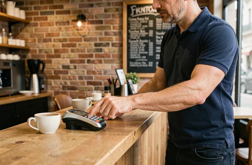 Homme payant sans contact avec sa carte bancaire dans un café parisien