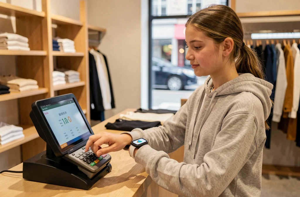 Jeune femme réglant ses achats avec une montre connectée dans une boutique de mode