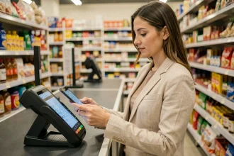 Femme utilisant son smartphone pour un paiement sans contact à la caisse d'un supermarché