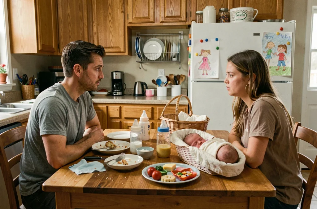 Couple de jeunes parents épuisés assis à la table de cuisine avec un nouveau-né endormi et des traces du quotidien familial
