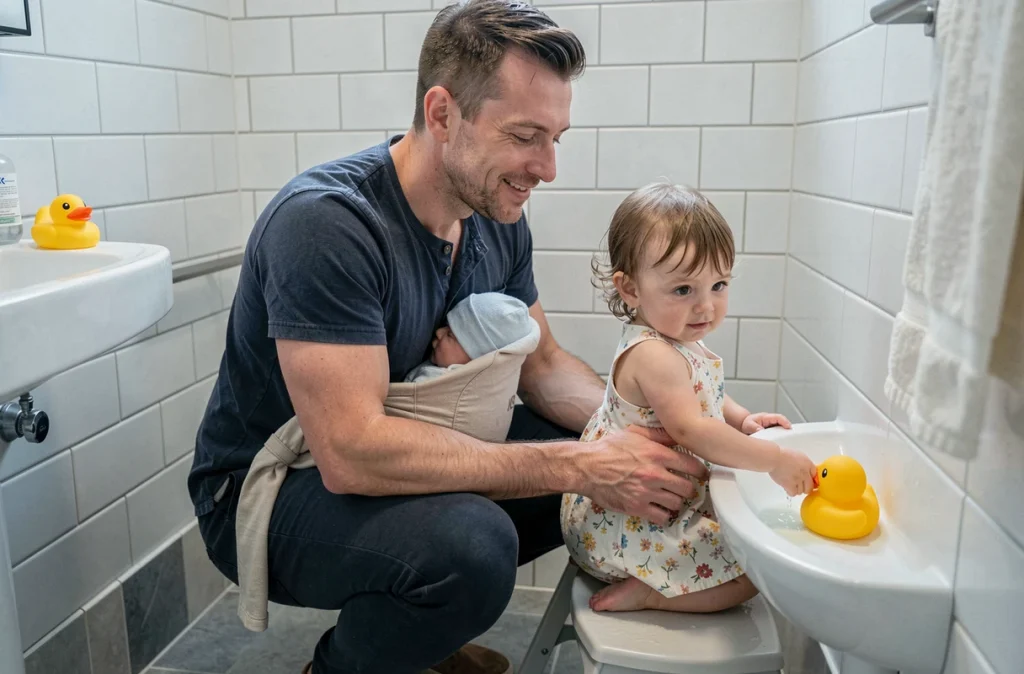 Père portant un porte-bébé aidant sa fille aînée à se laver les mains dans la salle de bain