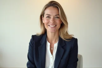 Photo de profil professionnelle pour WhatsApp Business d'une femme en blazer marine souriante sur fond blanc épuré