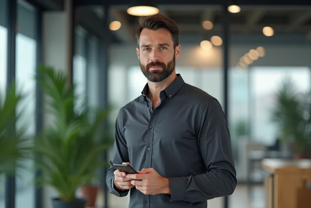 Homme en chemise grise tenant un smartphone dans un bureau moderne, photo professionnelle adaptée au profil WhatsApp d'entreprise