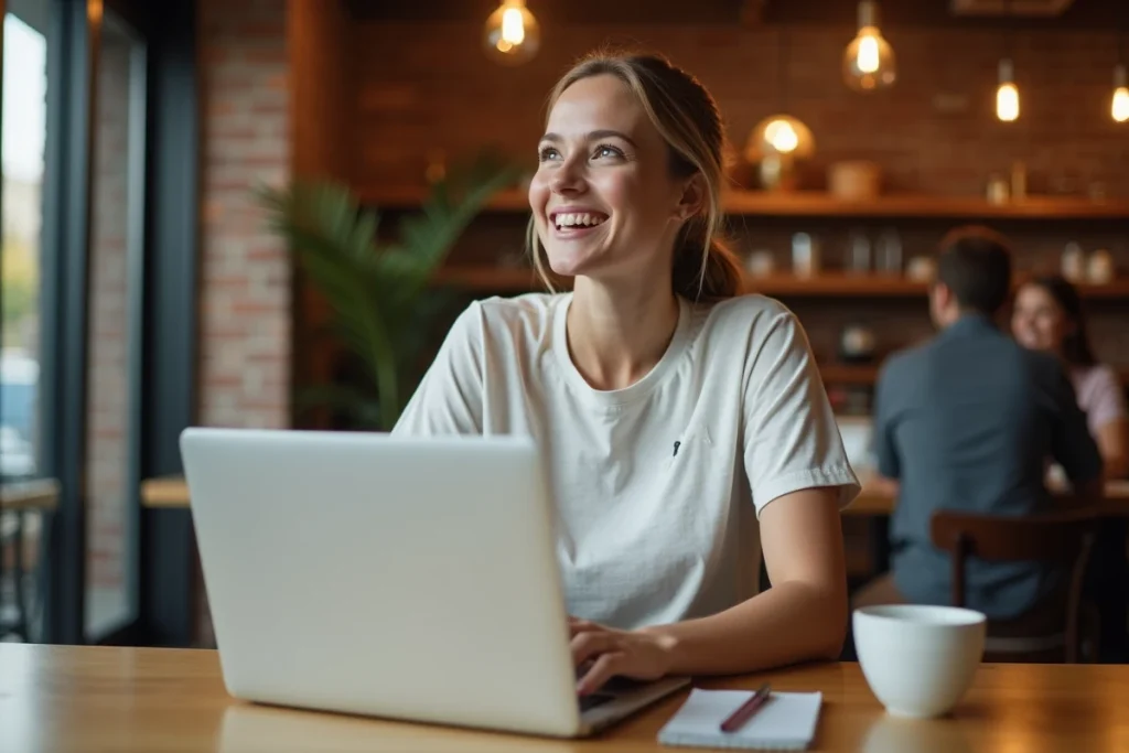 Jeune entrepreneuse souriante en t-shirt brandé dans un café urbain, idéale comme photo de profil WhatsApp pour une petite entreprise