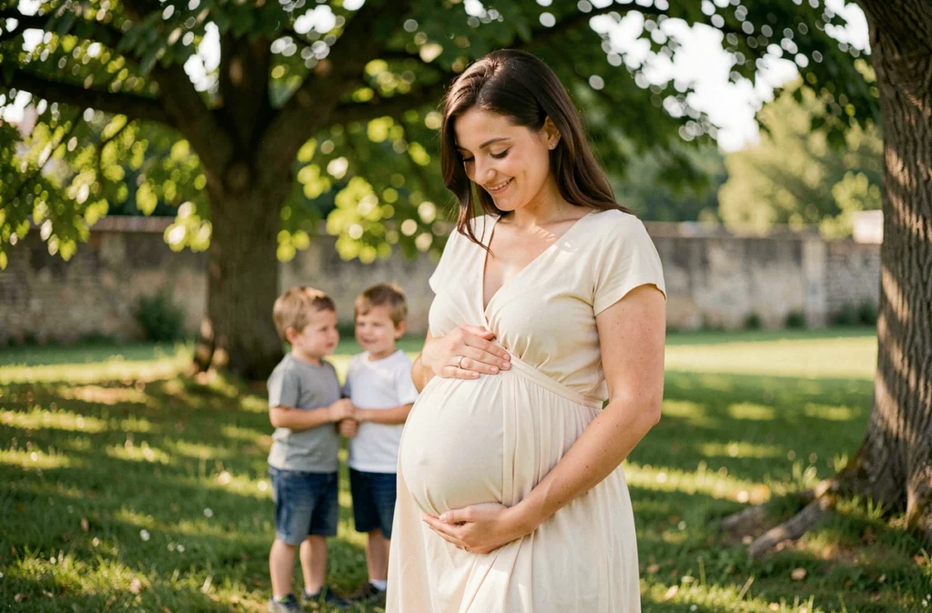 Séance photo grossesse et famille en extérieur à Saint-Étienne avec une femme enceinte souriante et sa famille