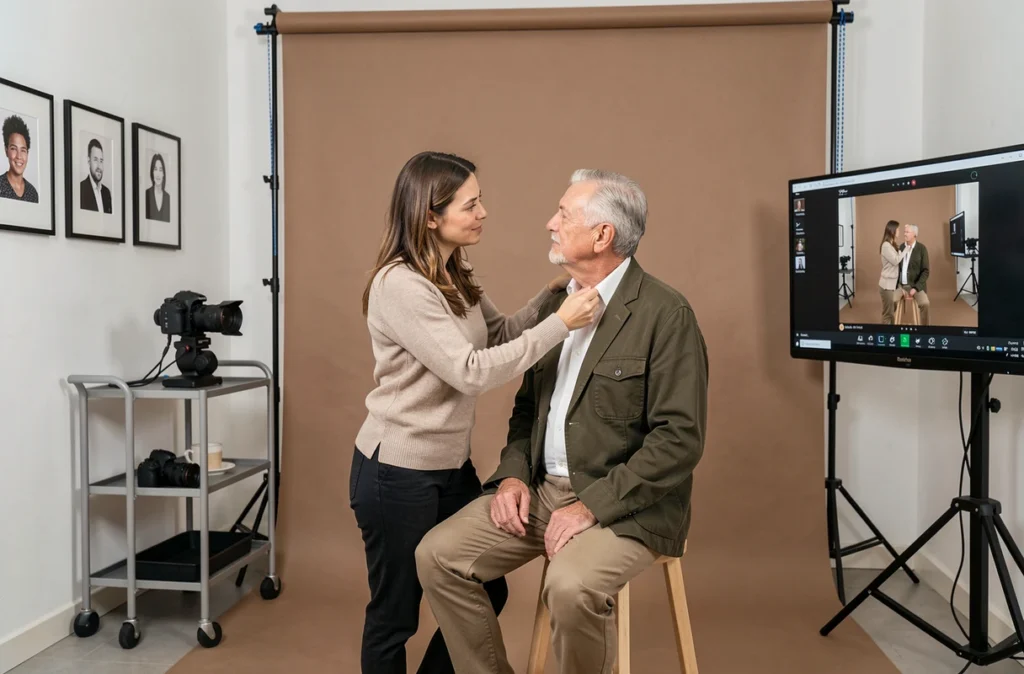 Photographe portrait de Roanne dirigeant un client en studio avec des portraits encadrés sur les murs