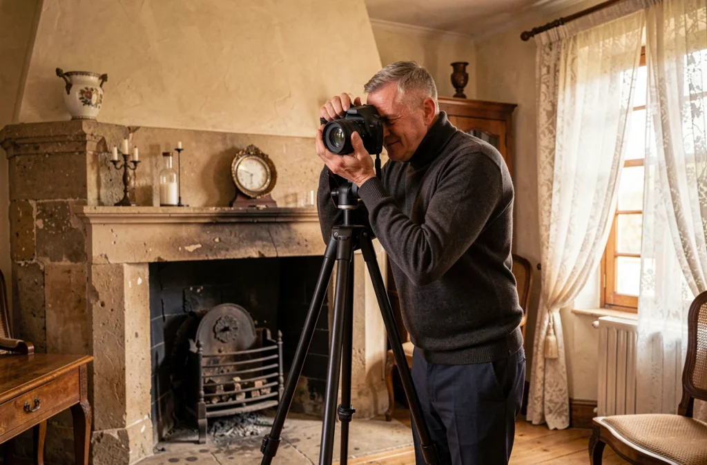 Pierre-Yves Rospabé composant un portrait à l'intérieur d'un manoir breton avec cheminée en pierre et mobilier ancien