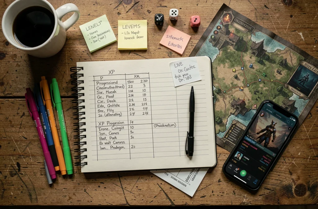 Vue aérienne d'un bureau avec cahier de planning XP manuscrit, carte de jeu fantasy imprimée et notes de progression de niveaux pour Dofus