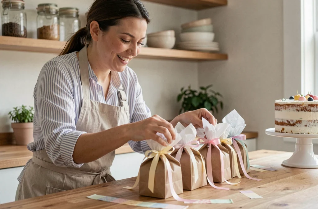 Mère préparant des sachets cadeaux faits maison pour un anniversaire d'enfant dans une cuisine moderne