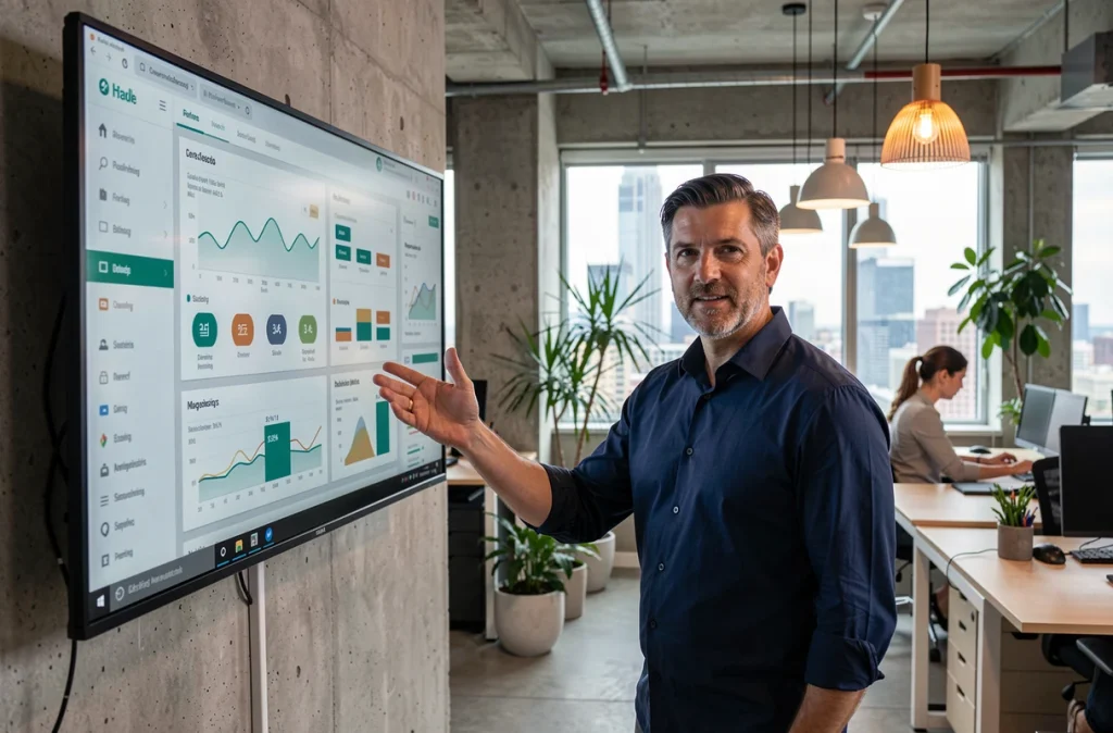 Professionnel présentant un tableau de bord d'archivage de fichiers dans un open space contemporain