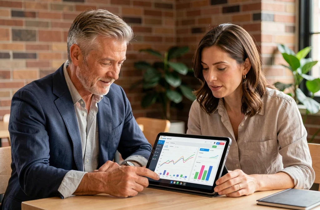 Deux professionnels collaborant sur un tableau de bord d'investissement dans les énergies renouvelables via une plateforme numérique de co-investissement