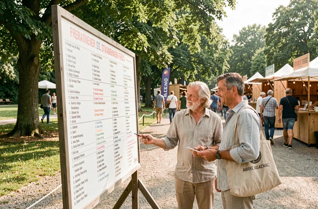 Visiteurs consultant le programme et les horaires du festival Pharenheit 2026 dans un parc en plein air