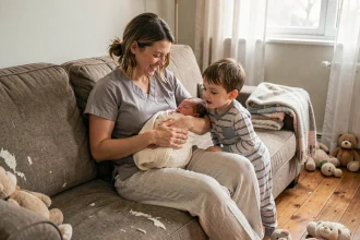 Mère allaitant un nouveau-né sur le canapé familial avec son premier enfant en bas âge niché contre elle