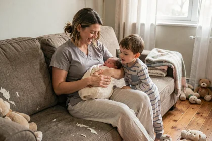 Mère allaitant un nouveau-né sur le canapé familial avec son premier enfant en bas âge niché contre elle
