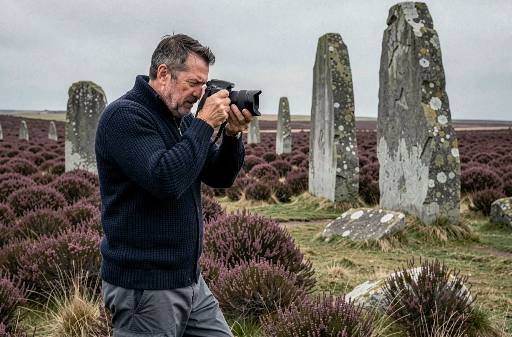 Ronan Donovan photographiant un portrait sur une lande bretonne venteuse avec menhirs anciens et bruyère violette