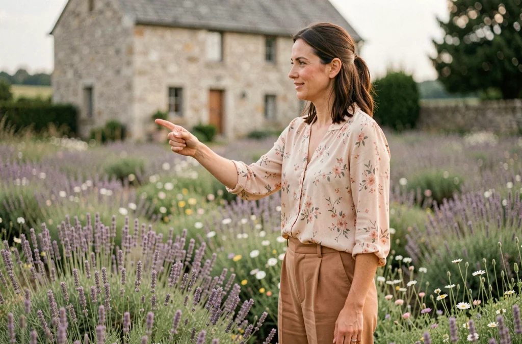 Sandra Music photographiant une cliente en plein air dans une prairie bretonne avec ferme en pierre en arrière-plan flou