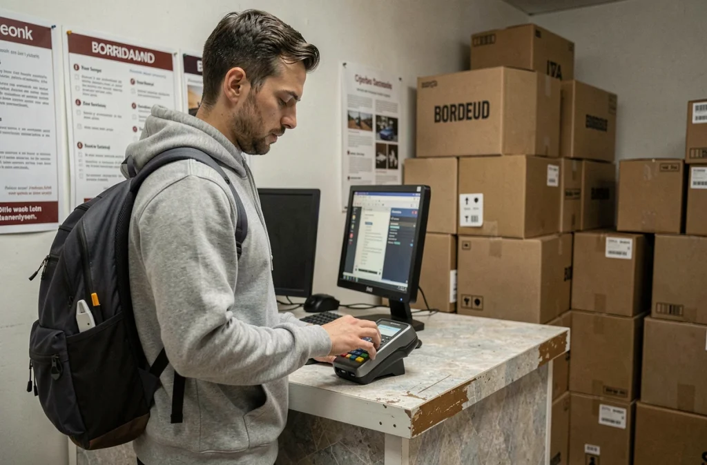 Client scannant un colis au comptoir d'un point relais cybercafé à Bordeaux