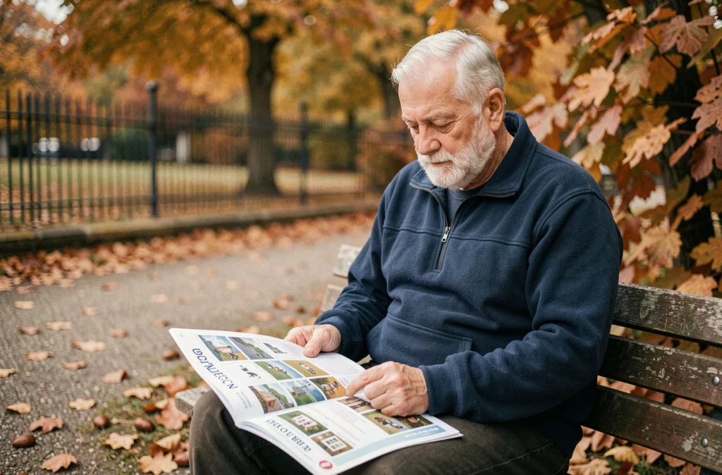 Un homme senior concentré résout un cahier de jeux logiques en plein air sur un banc de parc en automne