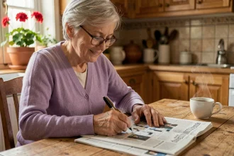 Une femme senior souriante remplit une grille de mots croisés grand format du journal Ouest-France, attablée dans sa cuisine chaleureuse