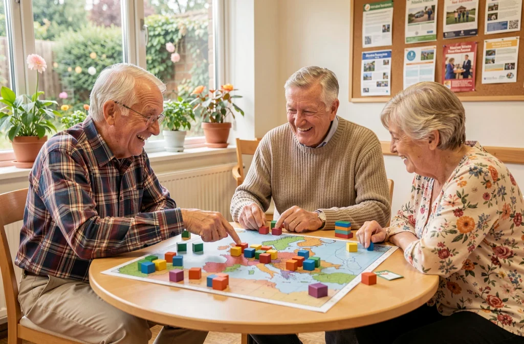 Groupe de seniors jouant à un jeu de société adapté autour d'une table dans un centre communautaire animé