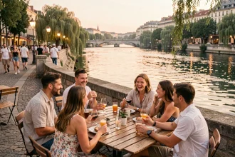 Terrasse animée au bord du Rhône à Lyon lors d'une soirée estivale, jeunes adultes partageant des verres sur les quais