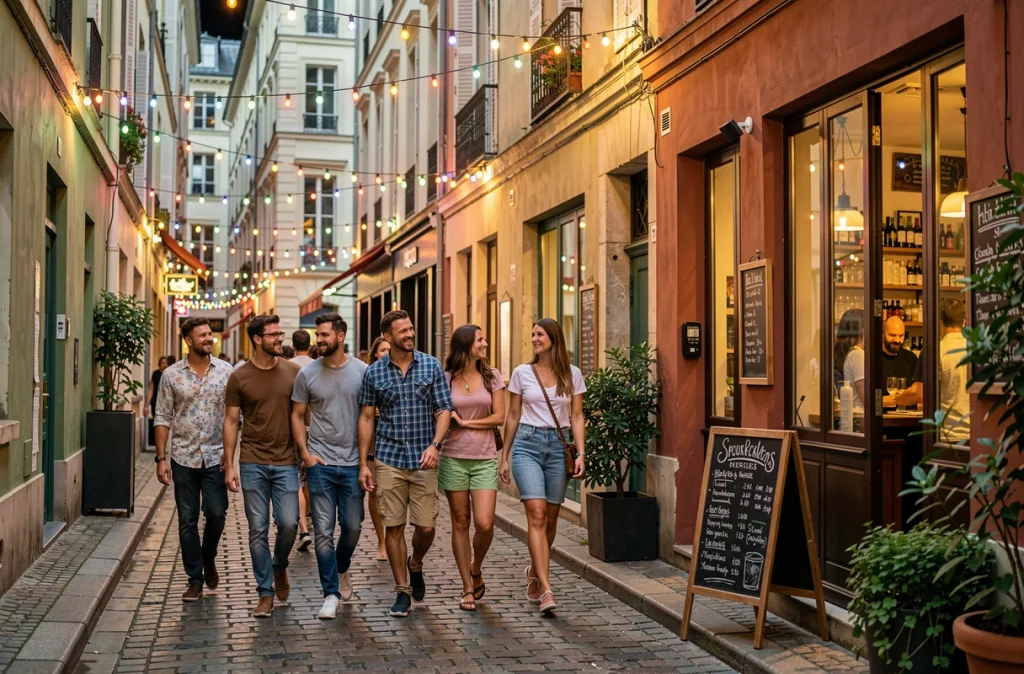 Groupe d'amis se promenant dans les rues animées de la Croix-Rousse à Lyon lors d'une soirée d'été