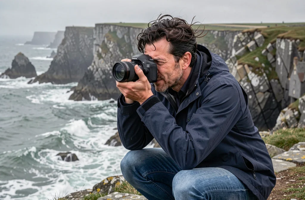 Stéphane Faraut photographiant un portrait en extérieur sur la côte bretonne avec falaises de granit en arrière-plan