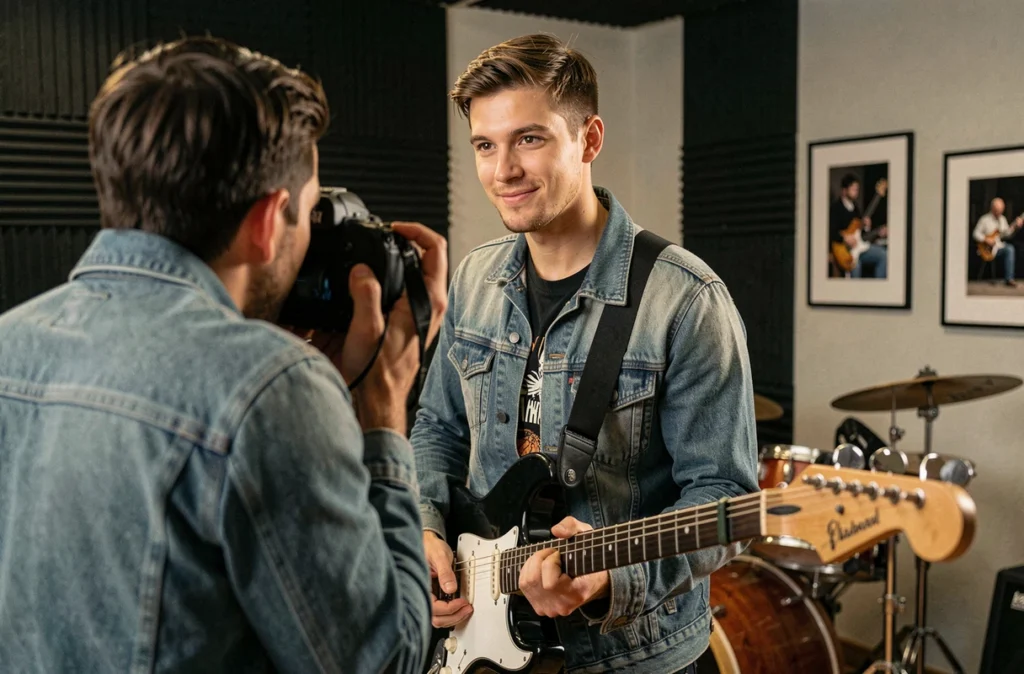 Musicien en session photo dans un studio de Saint-Étienne spécialisé en photographie musicale et portrait