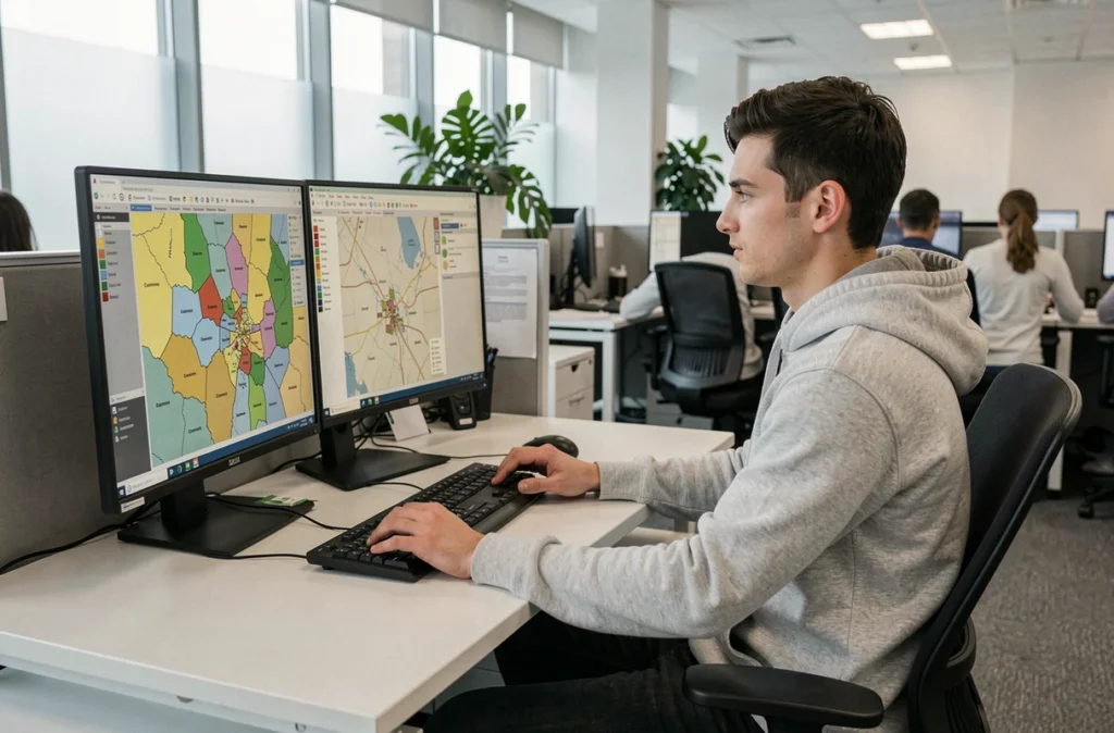 Technicien SIG travaillant sur une cartographie numérique des périmètres de la communauté de communes CCPVM