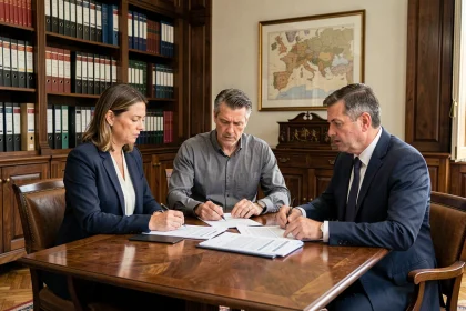 Deux co-indivisaires et un notaire examinent les documents de vente d'un bien immobilier en indivision autour d'une table en bois