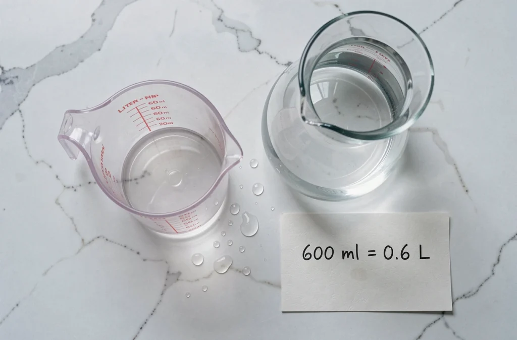 Vue de dessus d'un verre doseur montrant 600 ml posé à côté d'une carafe d'un litre avec une note manuscrite indiquant la conversion en litres