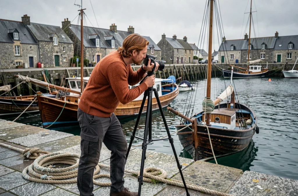 Yann Quéméneur préparant une prise de vue portrait sur un quai en granit d'un port de pêche breton traditionnel